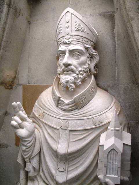The new stone figure of St Peter, in place above the east window. 