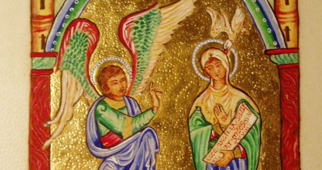Cropped image of Annunciation from French manuscript