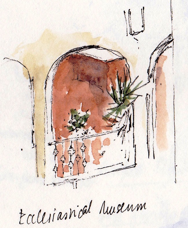 pen and ink sketch of Greek balcony