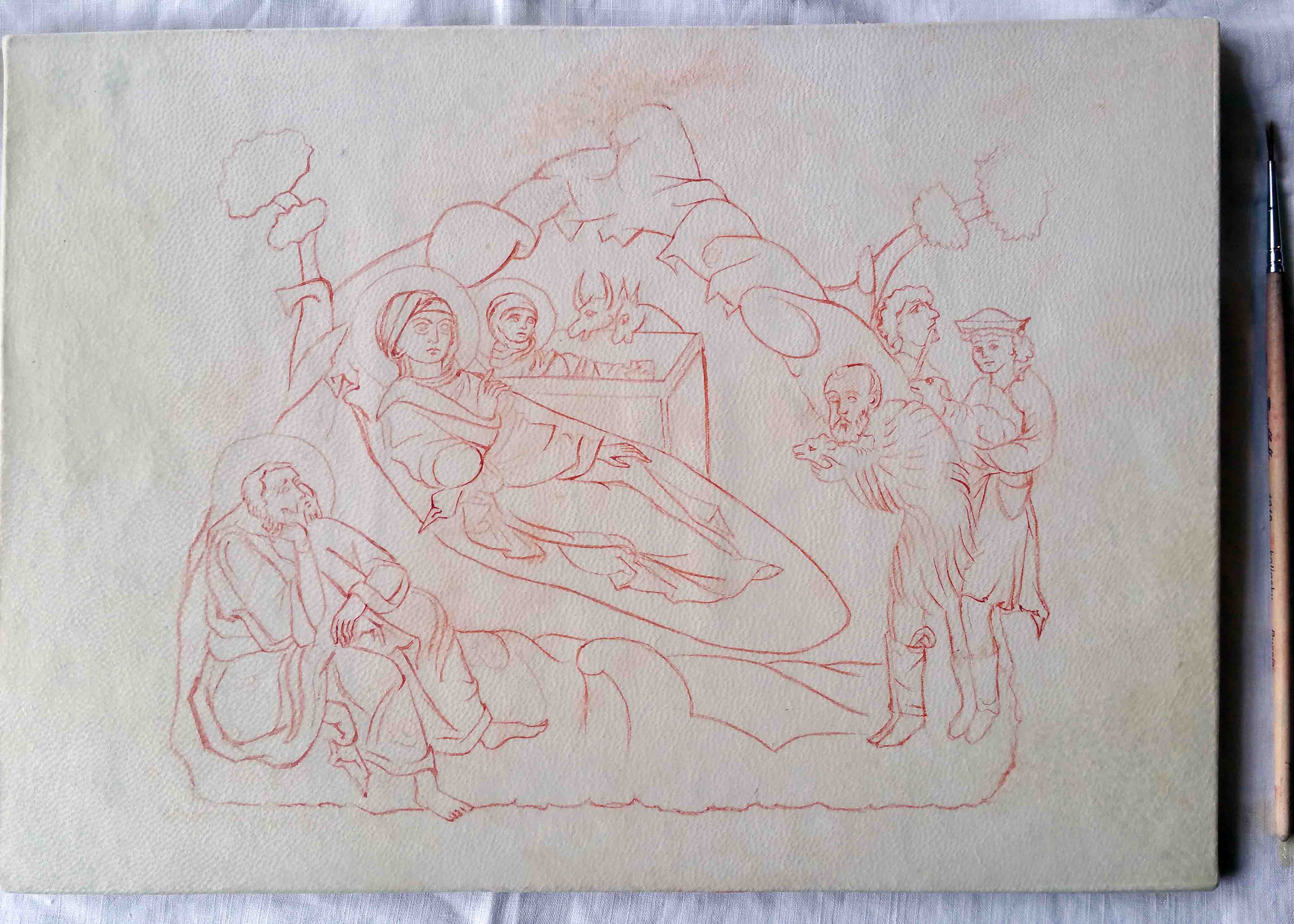 Red drawing outlines on to vellum 