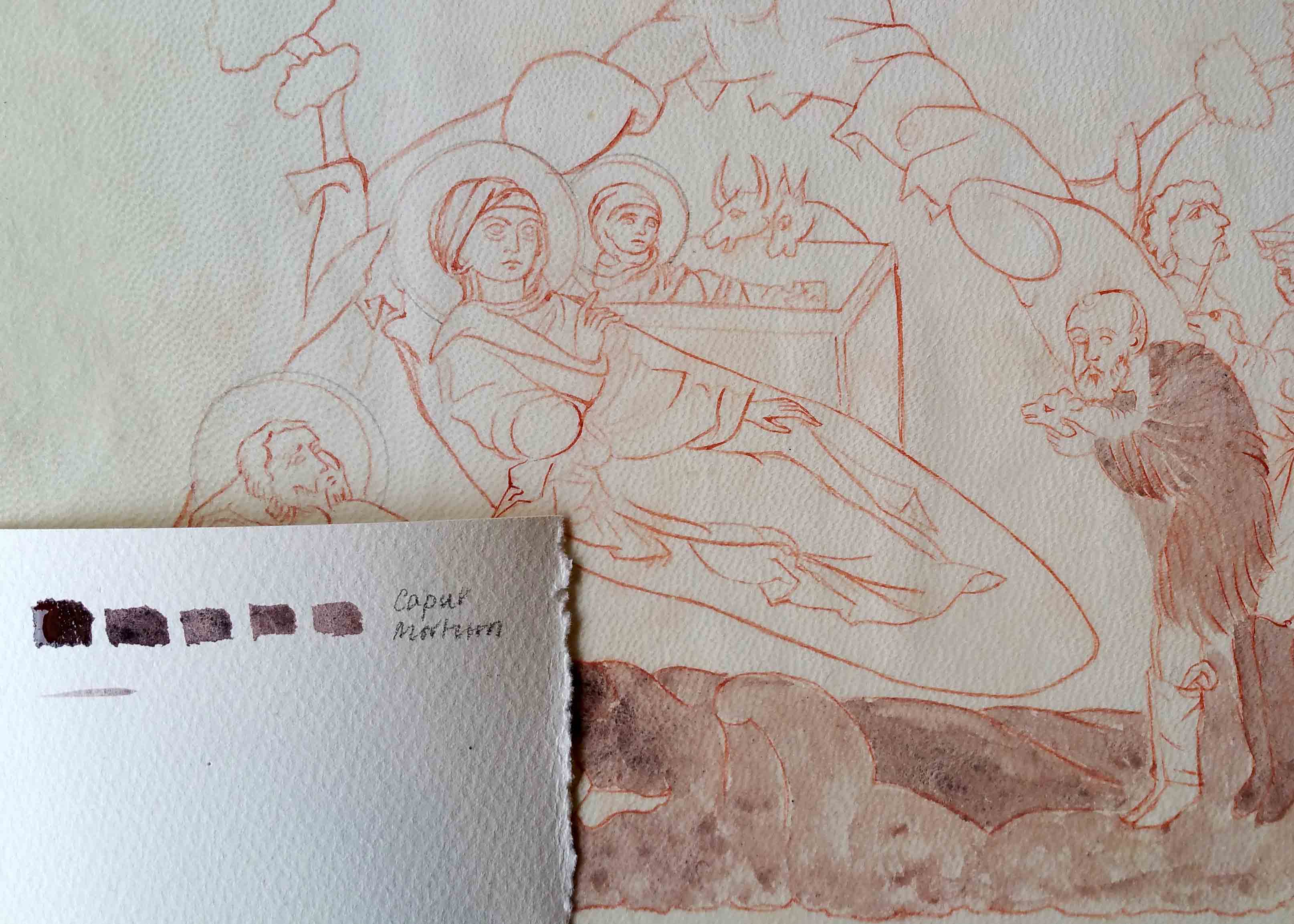 First washes of Caput Mortum on vellum