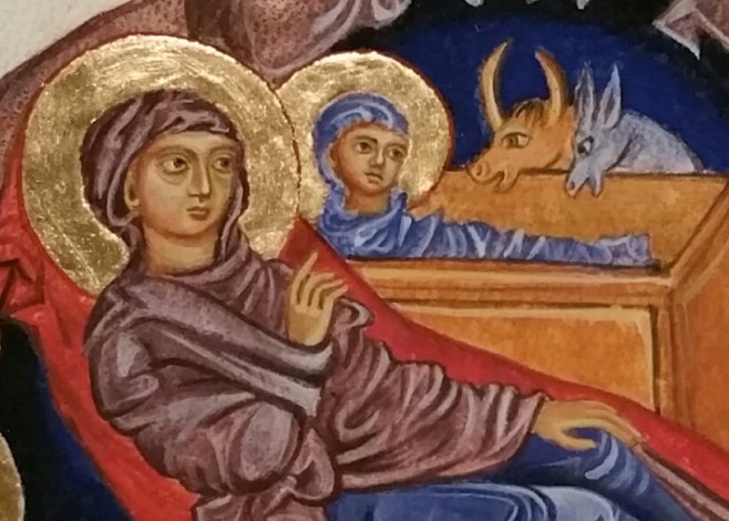 Blessed Virgin and Christ child painted in egg tempera on vellum