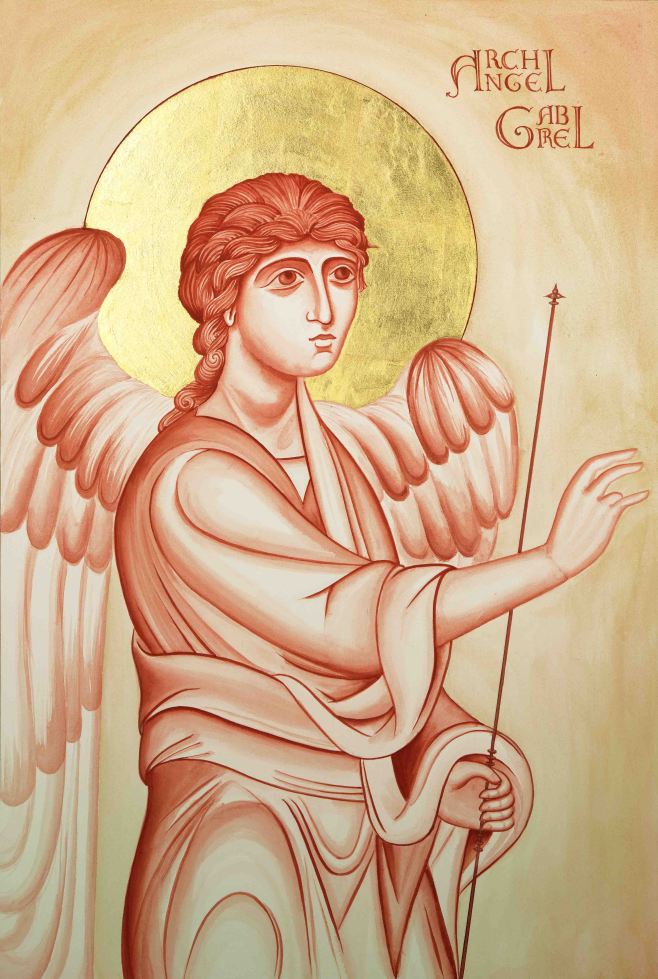 Archangel Gabriel icon study in egg tempera on watercolour paper