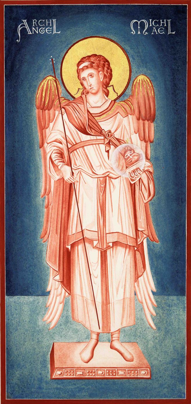 monochrome painting in egg tempera of Archangel Michael