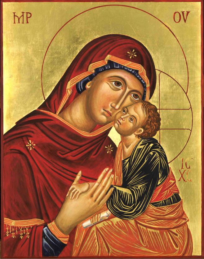 egg tempera icon on ply of Blessed Virgin and Child