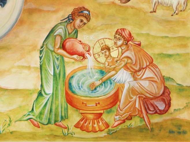 Salome and her assistant midwife bathes the infant Jesus