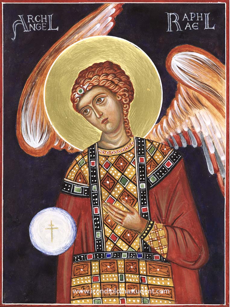 Icon of Archangel Raphael painted on birch ply