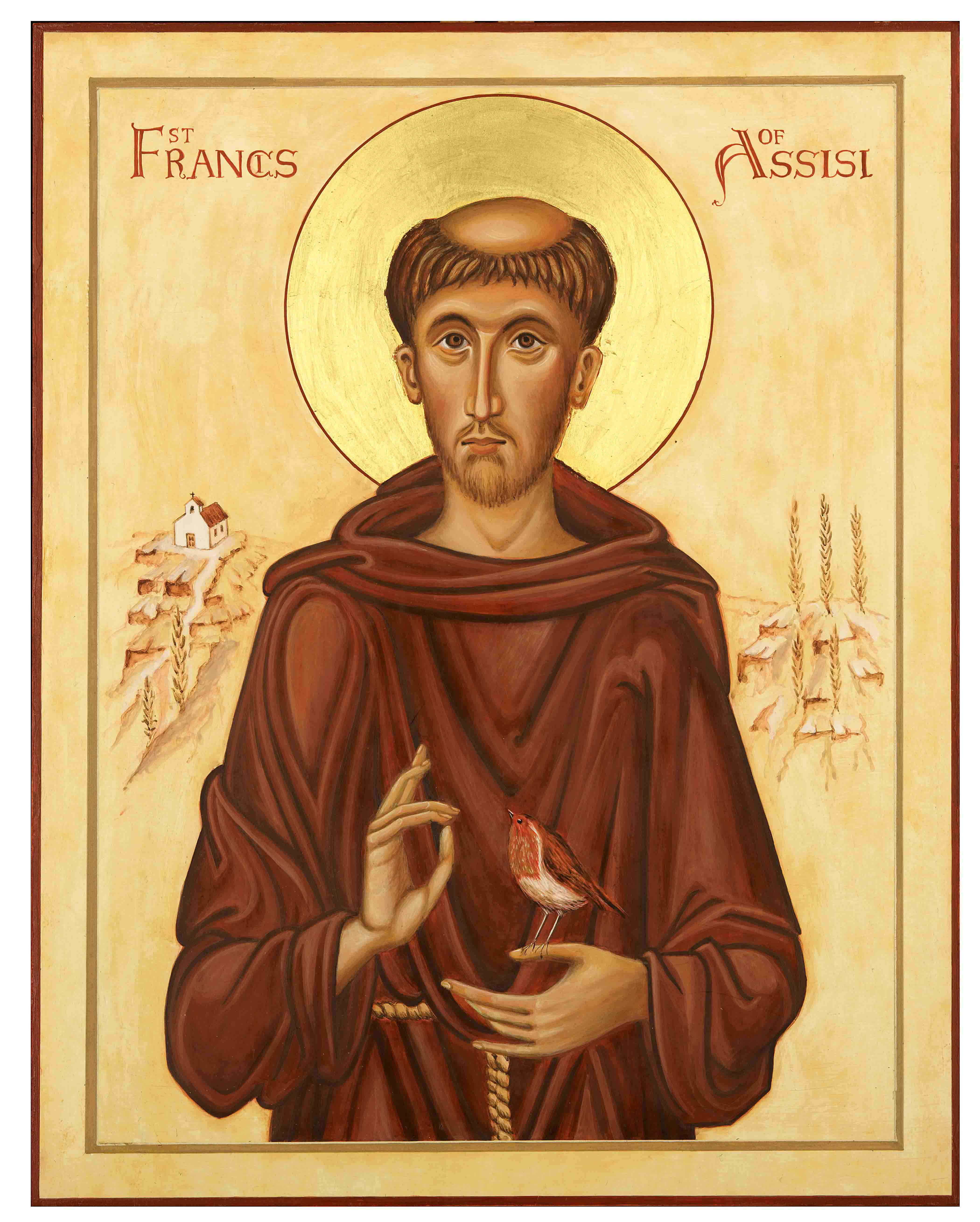 Icon painting in egg tempera of St Francis of Assisi