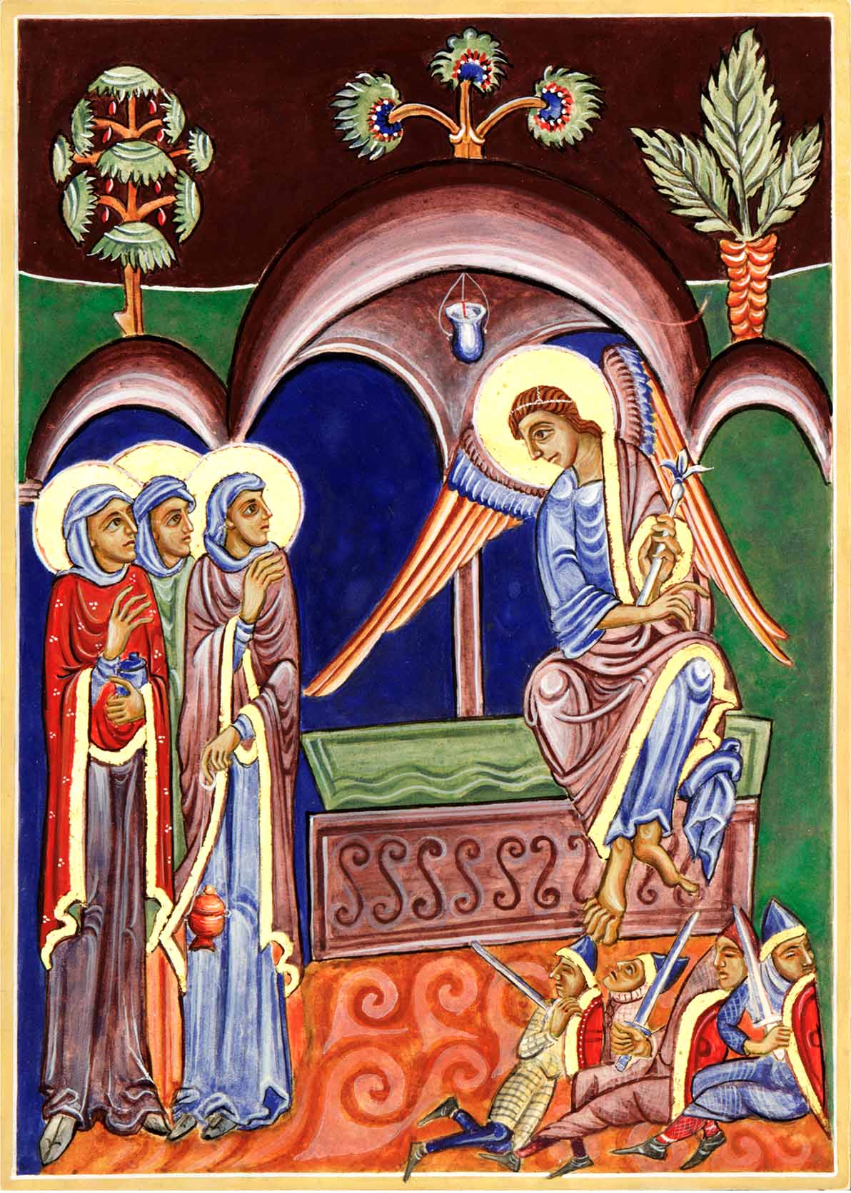 Egg tempera icon on hardwood of Three Maries at Christs tomb