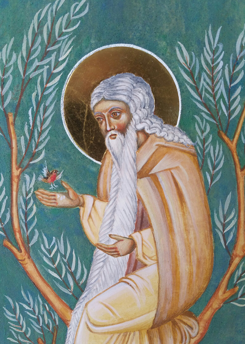 completed icon (in part) of St David with his open hand feeding a robin