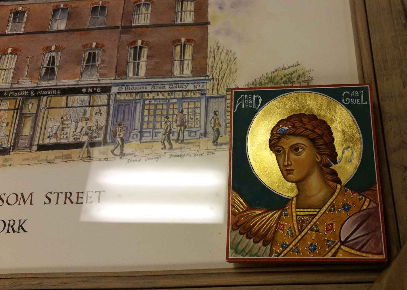 Icon of Archangel gabriel resting on pic of Blossom Street