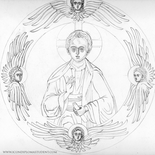 pencil drawing of young christ and seraphim
